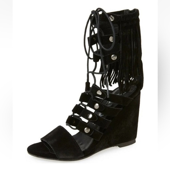 Free People Solstice Suede Fringe Wedge Sandals Black - Picture 2 of 16